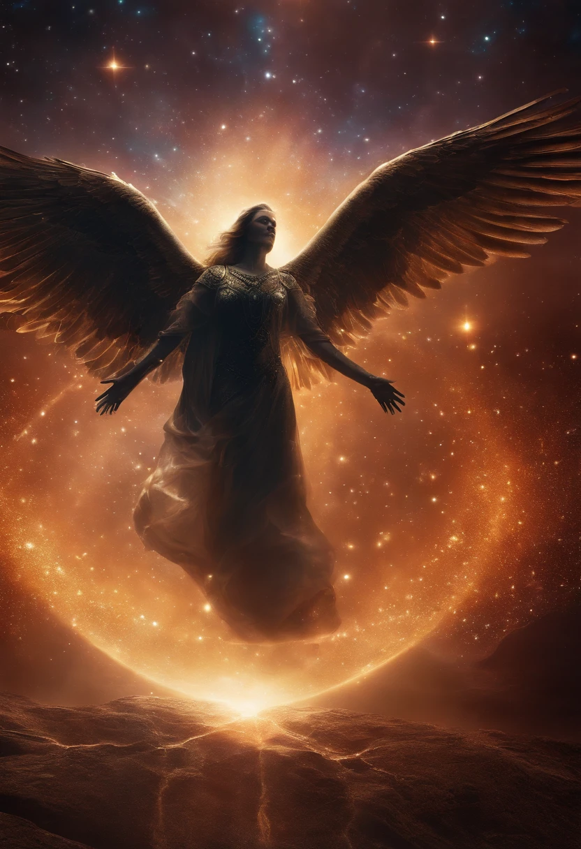 Cosmic Fallen Angel FLYING, Ojos claros y brillantes, biomech, misterioso, horripilante, Pesadilla, colores muy brillantes, light particles, con luz brillante, Mshiff, Arte de papel pintado, Fondo de pantalla UHD