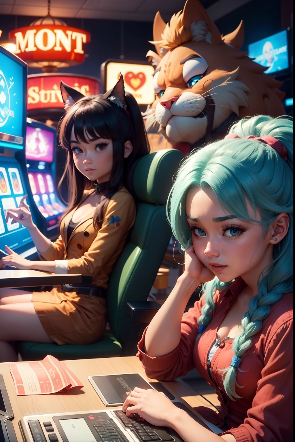 view of multiple 4game characters from different game worlds, group of people in costumes, 4game characters playing tetris on tv with joysticks. they're 1princess peach; 1Sonic the hedgehog; 1Mai Shiranui; 1Diddy Kong. (characters wearing their respectiv outfits, characters in their respectiv shapes)