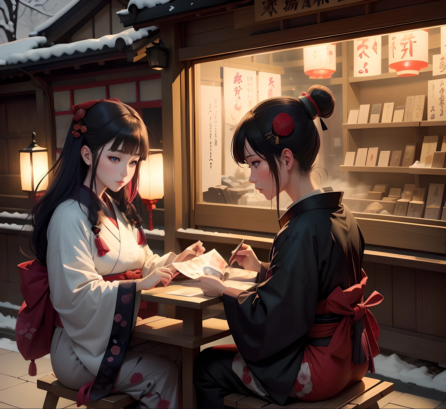 Two women sitting at a table, artwork in the style of guweiz, realistic anime 3 d style, anime style 4 k, guweiz, guweiz on artstation pixiv, guweiz on pixiv artstation, Trending on CGSTATION, japanese art style, wlop and sakimichan,fortune teller、kimono