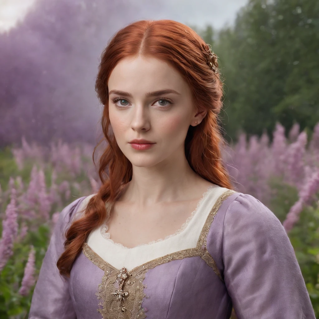 (Professional 3D rendering:1.3) de (Realistic:1.3) A woman of 18 years, with fiery red hair, eyes sparkling in lilac, wearing a medieval noblewoman's dress, with a determined expression, standing in a garden amidst a stormy background.