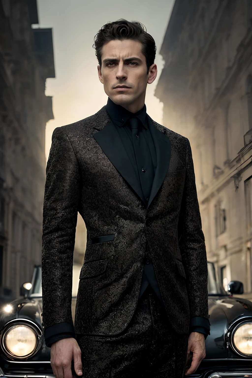 corps entier, Photo photo Wide angle close-up portrait of the body of a handsome man , Grand et en forme, (40 ans:1.1), (shaven:1.2) , (curly short brown hair:1.2). Dark brown tight velvet suit, (La veste a des motifs de fleurs noires:1.2). (posing outside the mansion with a luxury car:1.1), crowded street with cafes in the distance, Cold and dark sunset at dusk, (Edge Light:1.1),(Concentrez-vous sur les yeux), (angry look), (hard light on the skin:1.2), (ombres dures, dark themed, Contraste profond:1.1), (photographie de portrait par Annie Liebovitz), Dark mint theme and choral aesthetics, (skin imperfections)
