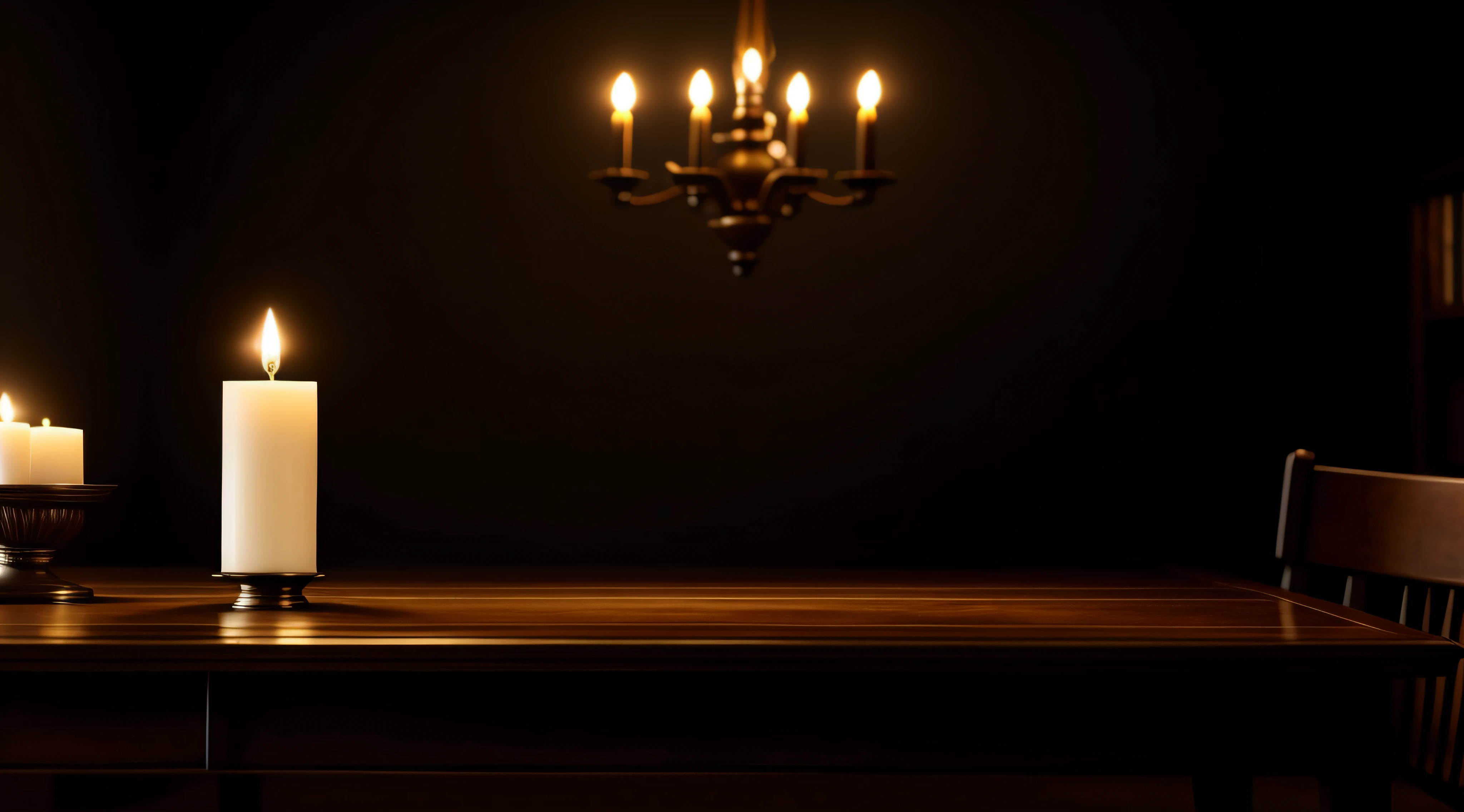 There is a vintage candle and a table inside a 100% quarto escuro, The flames burn when the lights disappear into the darkness creating contrast, Estilo de arte barroca de 1600, based on history books, The background is neutral, cinematic touch, best quality, master part, UHD, 8k