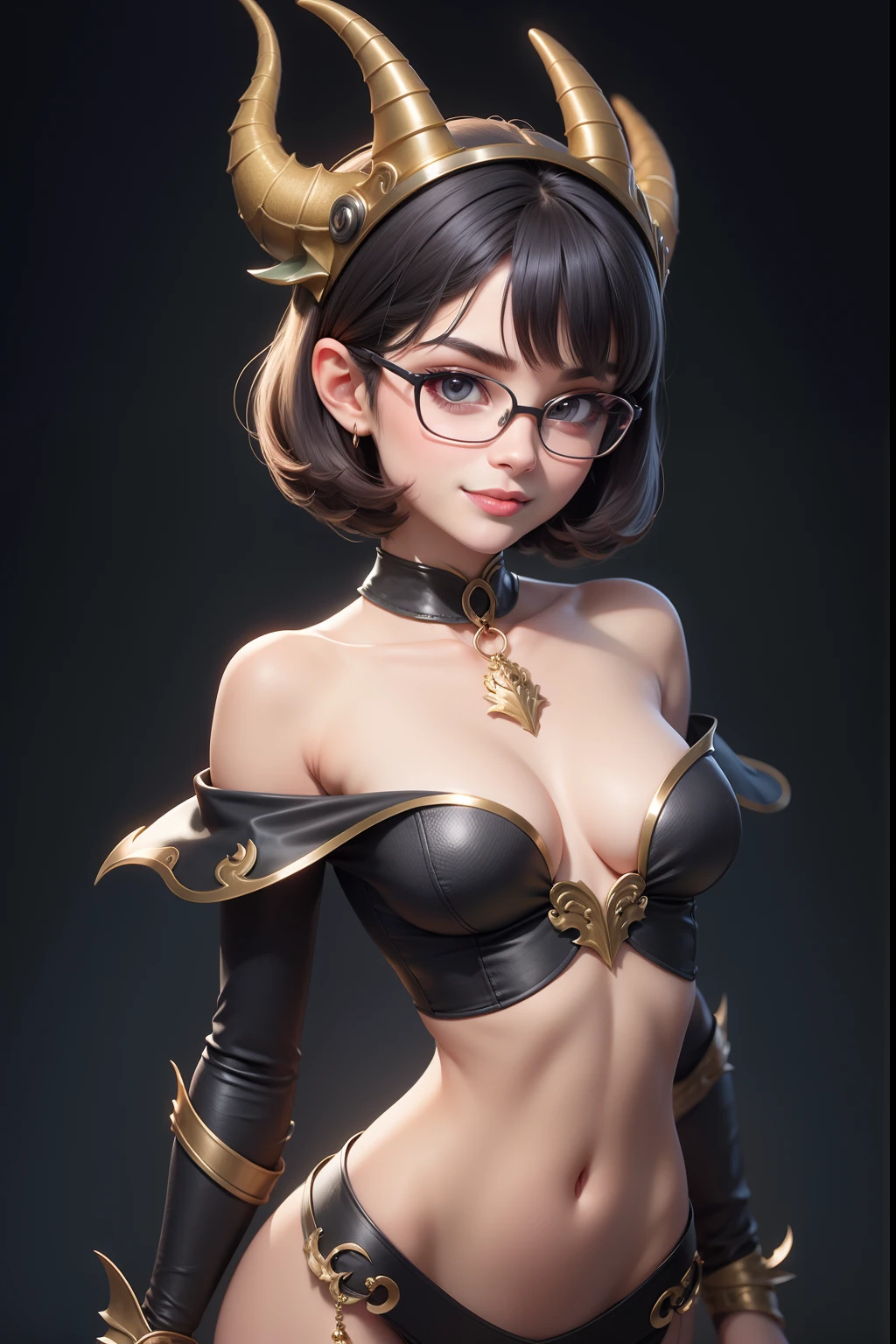 1 cute dragon race. girl (18yo) glasses, dark eyes, upper body, slim waist, natural small breast, sexy pose, seductive expression, bangs, random hairstyle, cleavage, navel, collar, collarbone, off shoulder, seductive smile, wear intricately detail hot and sexy outfit, dragon costume, Olive color, wear unique helmet, random light color, upper body. flat gray color for background