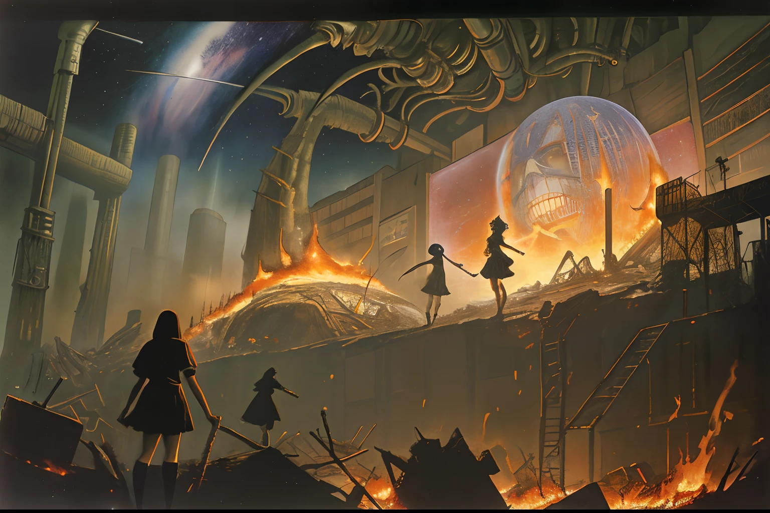masterpiece, best quality, 2girls, (schoolgirls), (tv sets), cyberpunk, zdzislaw beksinski, jacek yerka, hr giger, kazimir malevich, march, starry skies, cosmos, fire, gravure, antique. tribal, dark