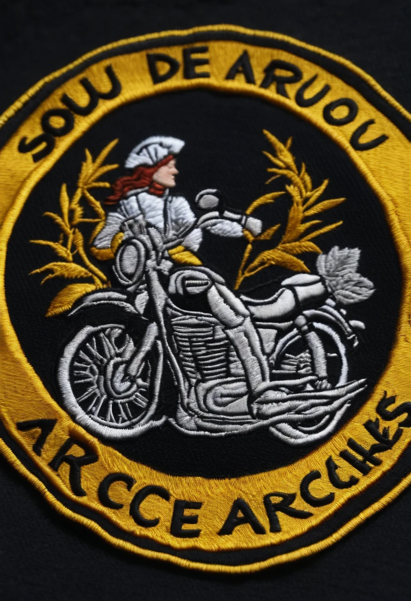 1970s motorcycle patch, text "SOU DE ARRONCHES" in embroidery on a textured fabric at the center dark background. yellow and white colors, photo, vibrant, PIG MOTARD, typography