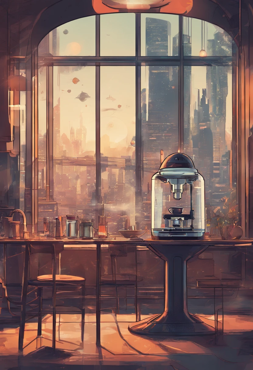 Espresso machine on the table, brewing coffee, Man looking out of the glass of a room a CITY in 2045 FOG, zoom out, Space ship, new world, color grading,