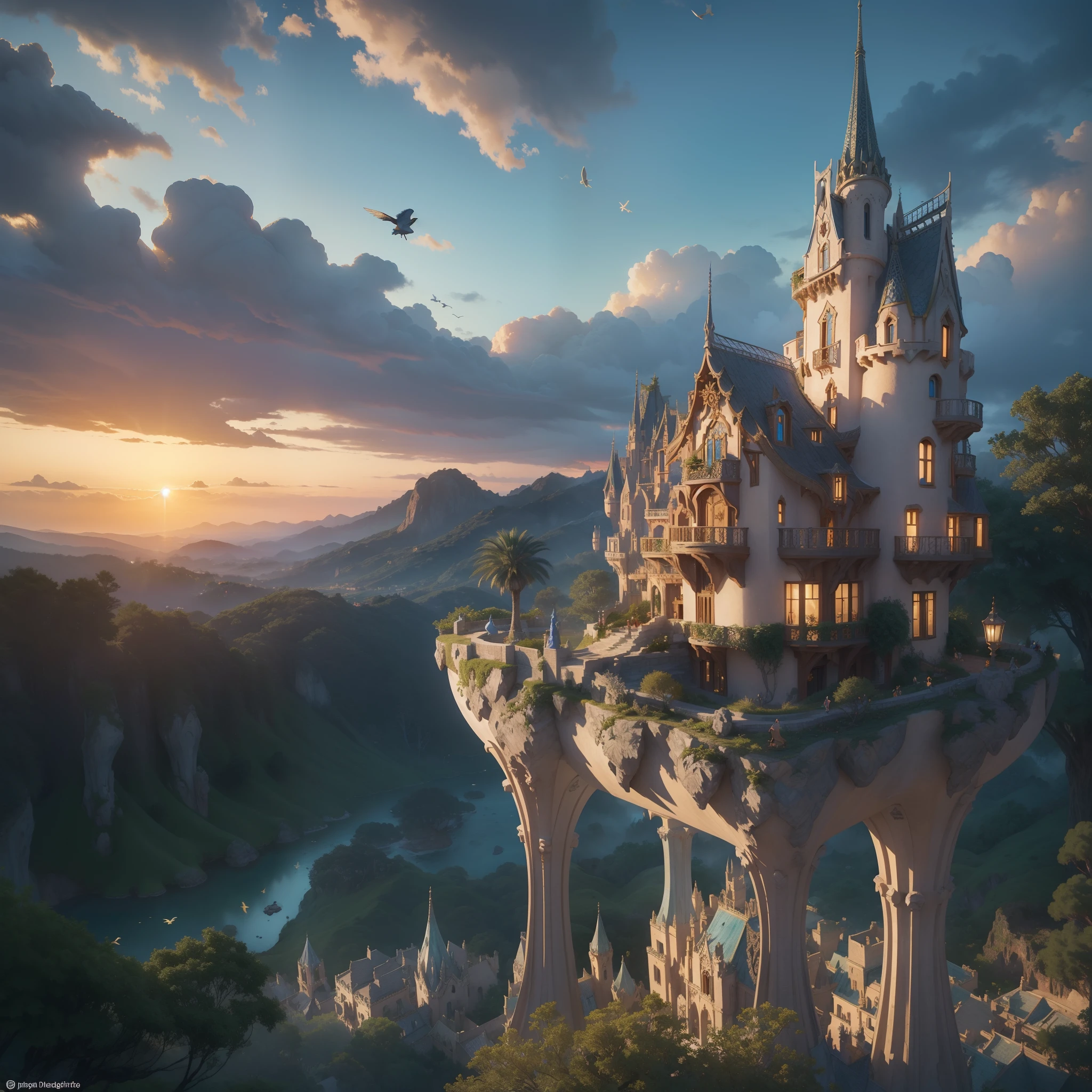 Fantasy village of elfs, Gaudí architecture and art nouveau inspired, surrounded by vegetation, in an levitating island, isolated clouds behind and over it. Birds flying. Illuminated by sunset sun, blue hour. Highly detailed, slighly high point of view, great angular, deep depht of field. Photorealistic.
