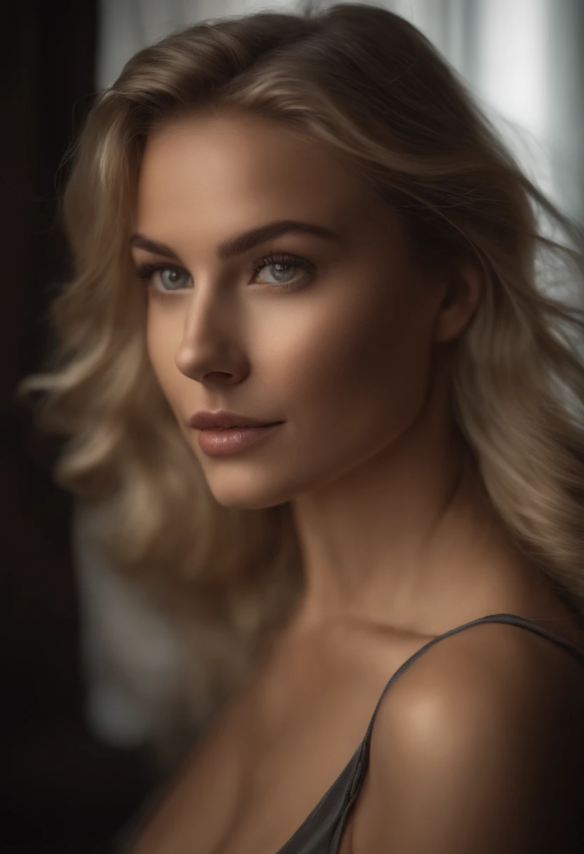 SFW, Professional wide, full-length NUDE photograph of gorgeous 18 year old blonde gymnast, with perfect, trim, athletic but feminine physique, perfectly shaped butt, perfectly shaped breasts. She's posing IN STUDIO as for a sculpture. Dark, dramatic lighting accentuates her physique. Full-body photo against a plain dark backdrop, Various poses and angles. Fully nude. Some views from front. Some views from behind. Some views from sides.