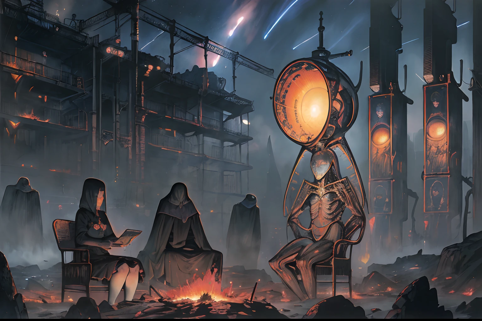 masterpiece, best quality, 2girls, (schoolgirls), (tv sets), cyberpunk, zdzislaw beksinski, jacek yerka, hr giger, kazimir malevich, march, starry skies, cosmos, fire, gravure, antique. tribal, dark