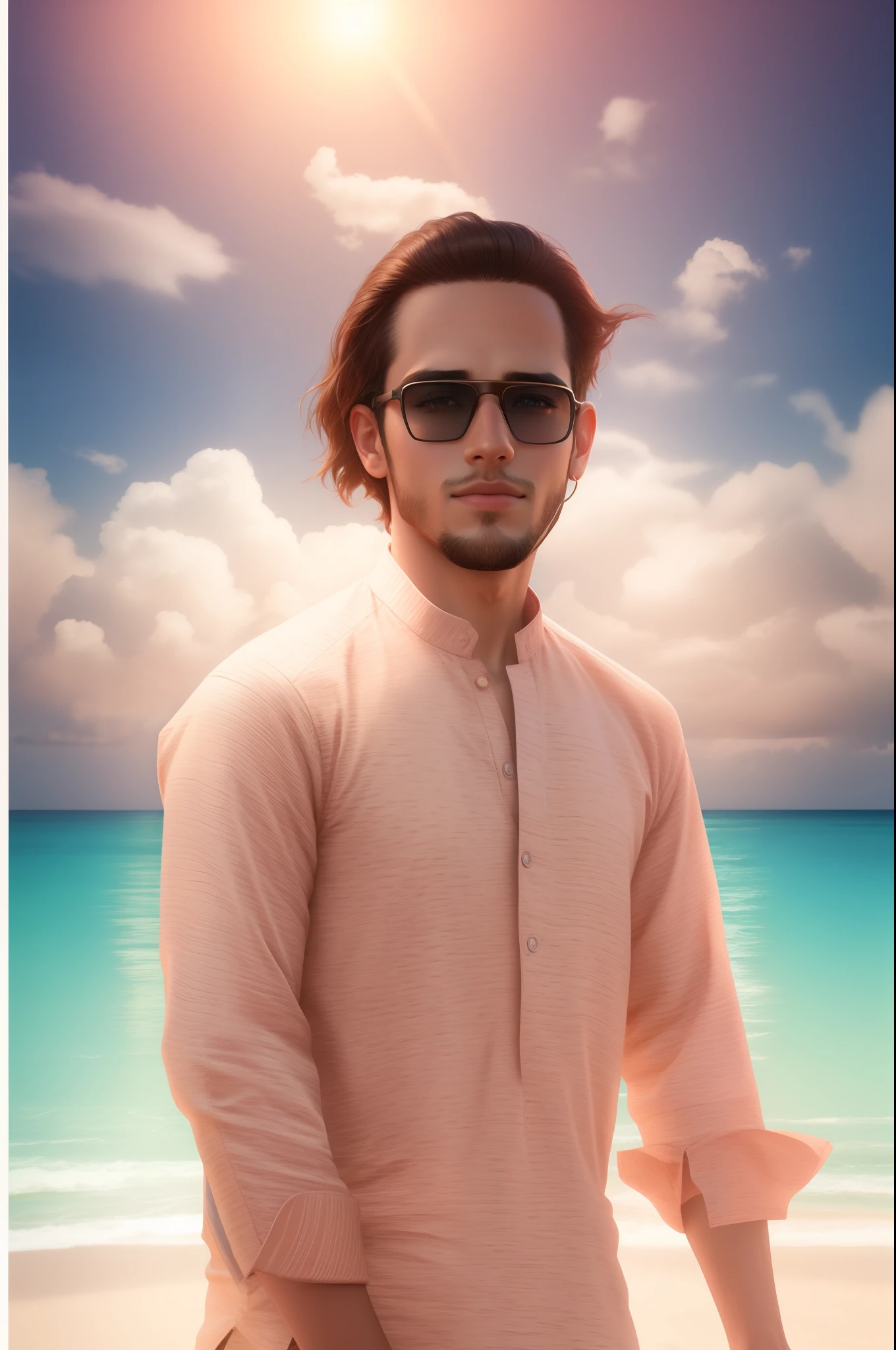Change background handsome boy. Realistic face, 8k, ultra realistic, cartoon, beach, arcade style,