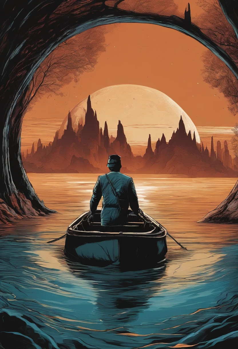 Fantasy comic book style,The abyss is 20 km in diameter,12 kilometers underground in the abyss,Have a beauty that is not out of this world, Beyond common sense, And curses, But there is no sun in the sky