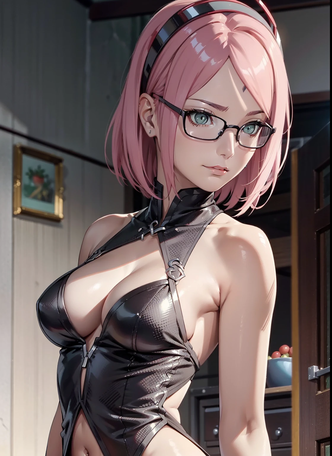 1人,sexy body,perfect body,sehr enge kleidung,zeigt viel haut,sexy kleidung,,Breasts peep out,stehend im garten,nahaufnahme,arms behind back,sakura haruno,rotes Harrband, 1 cute dragon race. girl (18yo) glasses, dark eyes, upper body, slim waist, natural small breast, sexy pose, seductive expression, bangs, random hairstyle, cleavage, navel, collar, collarbone, off shoulder, seductive smile, wear intricately detail hot and sexy outfit, dragon costume, Olive color, wear unique helmet, random light color, upper body. flat gray color for background