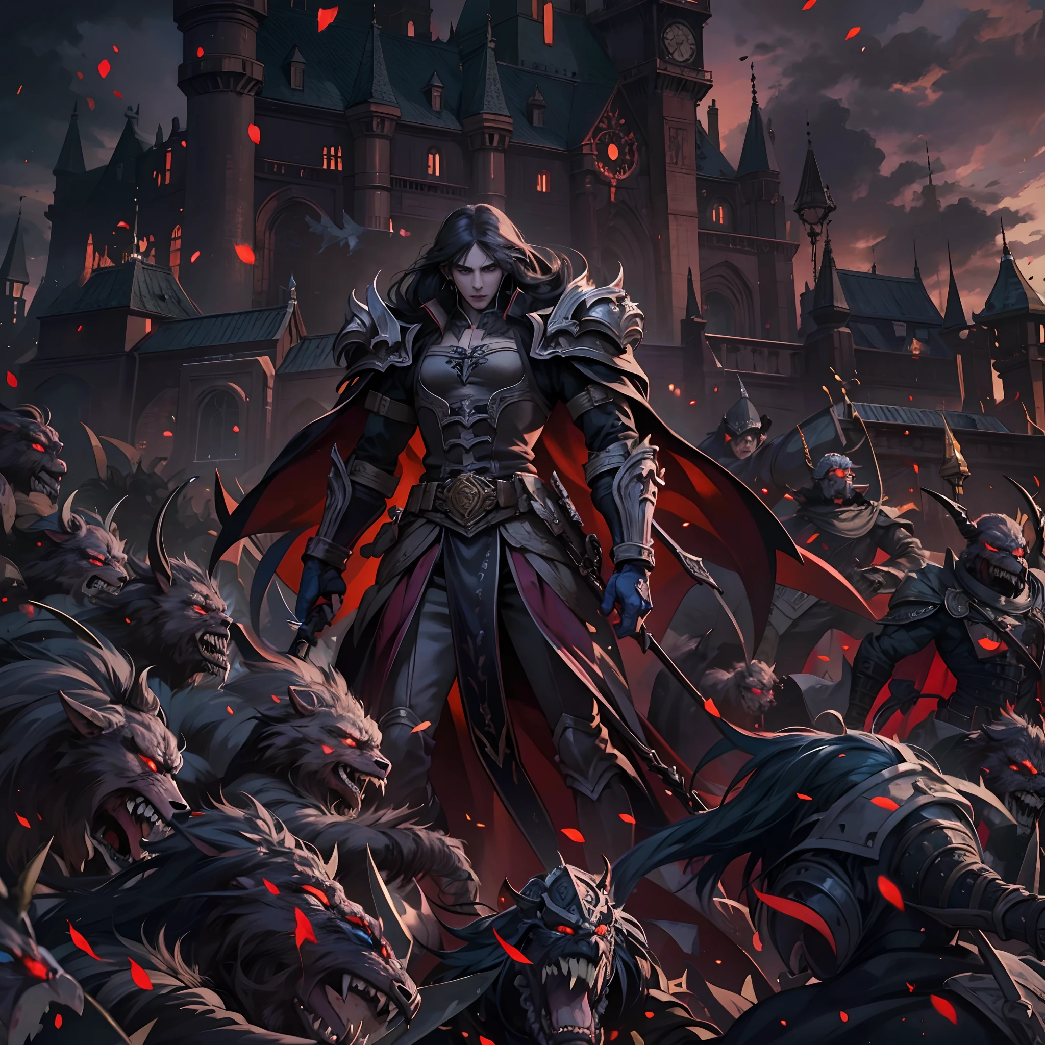 Castlevania Shadow Lord hyper realistic super detailed Dynamic shot masterpiece leading demon army troops into battle Hyper realistic hyper realistic war environment super detailed cinematic scenes movie Epic Legendary different angle of view
