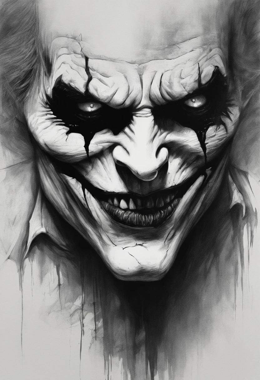 A sketch drawing of the joker skull character, hyper-realistic, artistic, tudo preto e branco