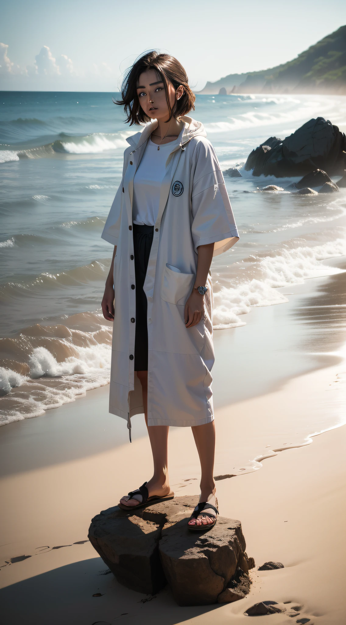 ( Detailed description )+( melhor qualidade )+(extremamente detalhado)+(obra-prima)+(ultra detalhado) a person standing on the coast with clothes
