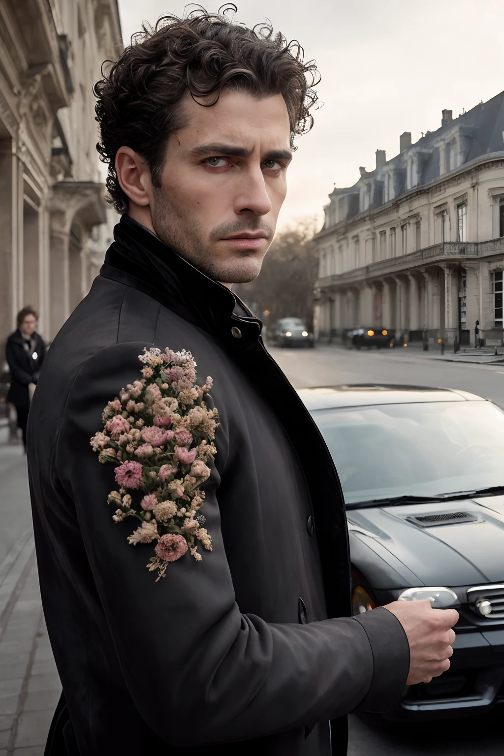 corps entier, Photo photo Wide angle close-up portrait of the body of a handsome man , Grand et en forme, (40 ans:1.1), (shaven:1.2) , (curly short brown hair:1.2). Dark brown tight velvet suit, (La veste a des motifs de fleurs noires:1.2). (posing outside the mansion with a luxury car:1.1), crowded street with cafes in the distance, Cold and dark sunset at dusk, (Edge Light:1.1),(Concentrez-vous sur les yeux), (angry look), (hard light on the skin:1.2), (ombres dures, dark themed, Contraste profond:1.1), (photographie de portrait par Annie Liebovitz), Dark mint theme and choral aesthetics, (skin imperfections)
