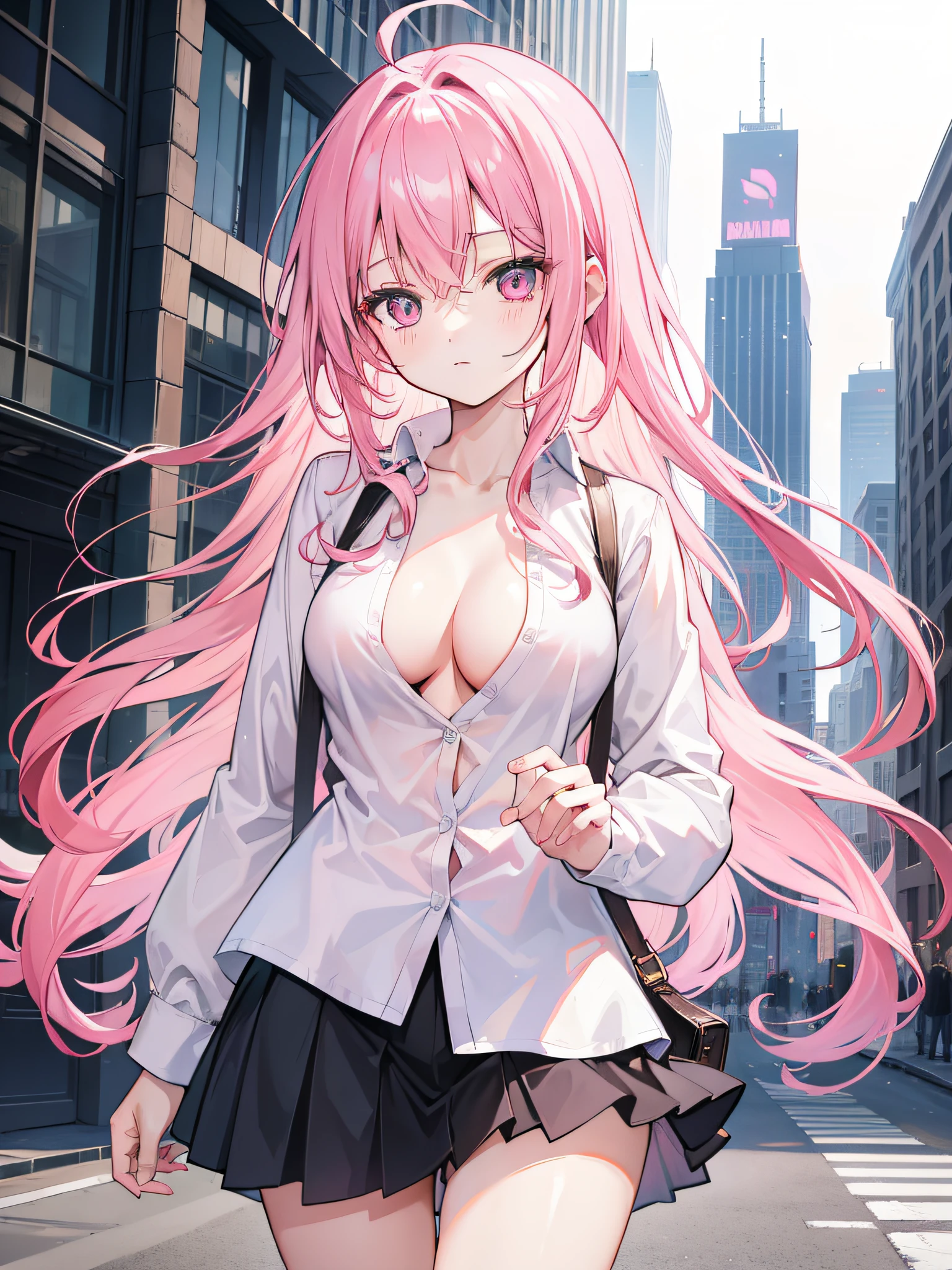 long pink hair girl, white shirt, one loose button showing off cleavage, city, miniskirt