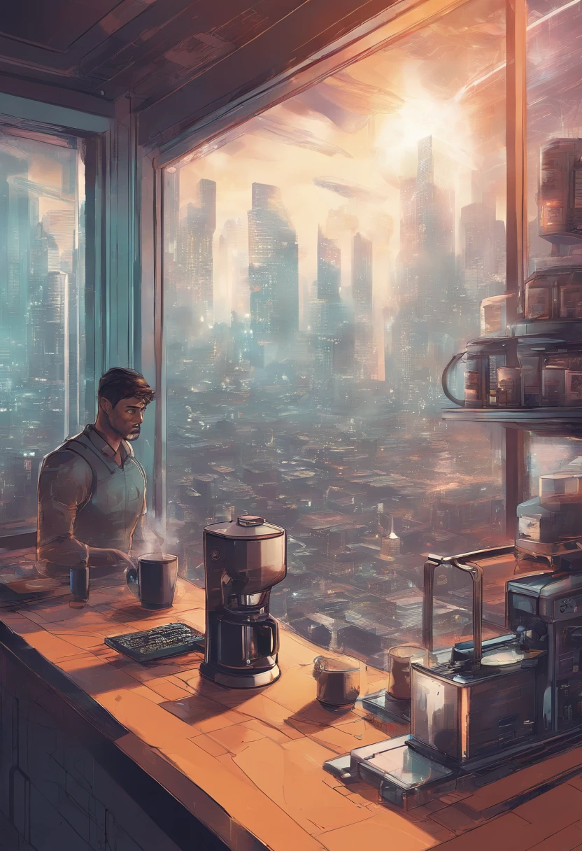 brewing coffee, Man looking out of the glass of a room a CITY in 2045 FOG, zoom out, Space ship, new world, color grading, Espresso machine on the table,