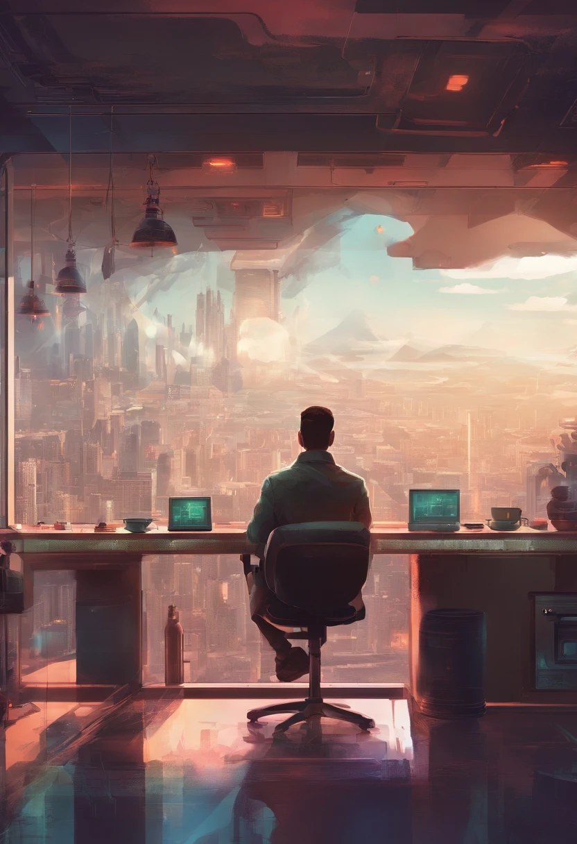 brewing coffee, Man looking out of the glass of a room a CITY in 2045 FOG, zoom out, Space ship, new world, color grading, Espresso machine on the table,