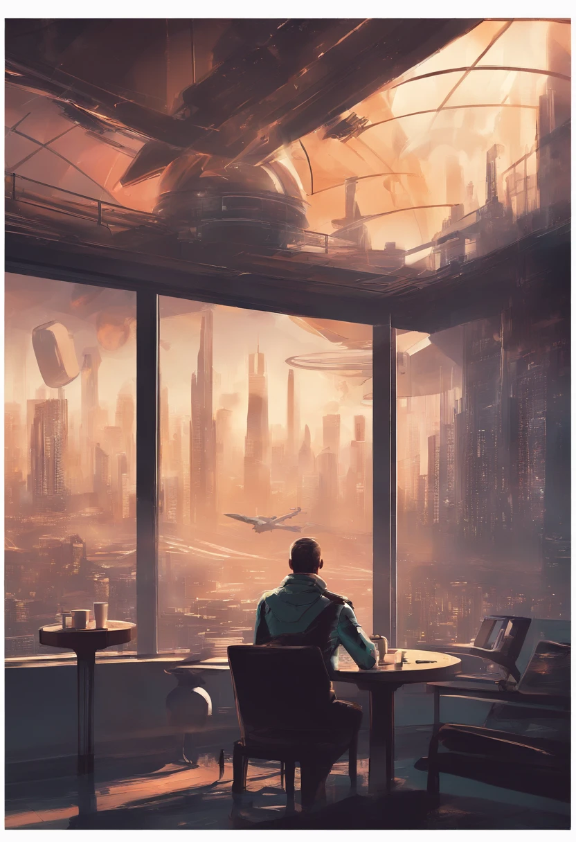 brewing coffee, Man looking out of the glass of a room a CITY in 2045 FOG, zoom out, Space ship, new world, color grading, Espresso machine on the table,