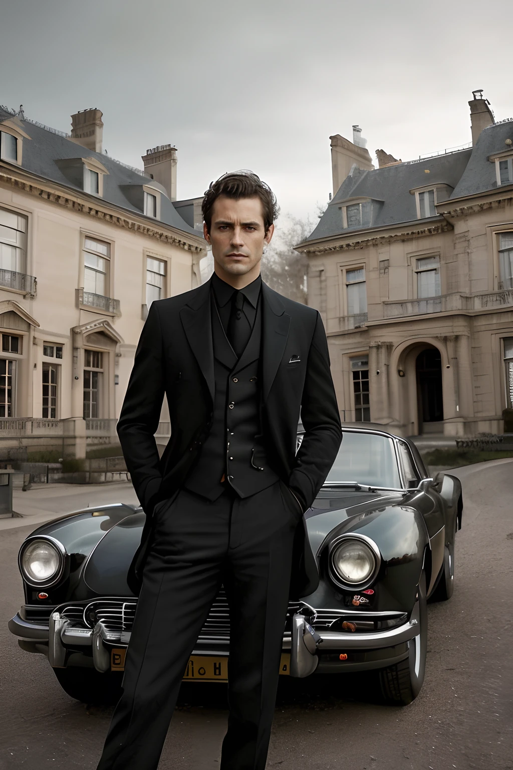 corps entier, Photo photo Wide angle close-up portrait of the body of a handsome man , Grand et en forme, (40 ans:1.1), (shaven:1.2) , (curly short brown hair:1.2). Dark brown tight velvet suit, (La veste a des motifs de fleurs noires:1.2). (posing outside the mansion with a luxury car:1.1), crowded street with cafes in the distance, Cold and dark sunset at dusk, (Edge Light:1.1),(Concentrez-vous sur les yeux), (angry look), (hard light on the skin:1.2), (ombres dures, dark themed, Contraste profond:1.1), (photographie de portrait par Annie Liebovitz), Dark mint theme and choral aesthetics, (skin imperfections)