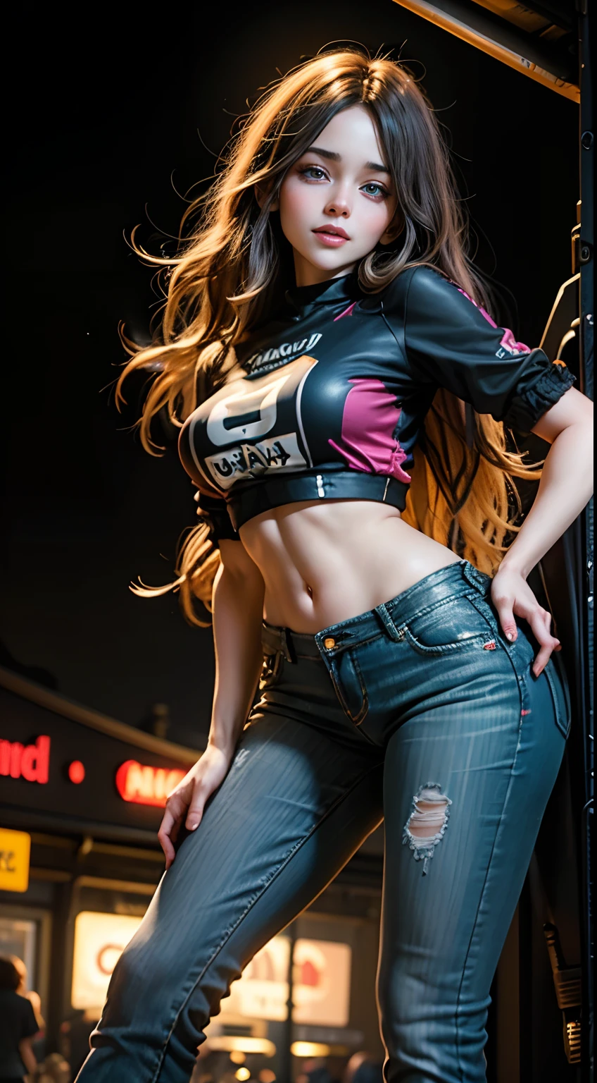 Ultra realistic full body portrait of a very happy and beautiful woman posing with an amusement park glowing neon in the background during night, dressed in a cute colorful crop top and jeans. She has beautiful long colourful hair, captivating eyes, and finely detailed facial features. its lights creating a blurred, dreamy effect. This realistic portrayal captures every aspect of her beauty and the enchanting atmosphere of the amusement park at night, complete with her charming outfit and delightful treat. Photo taken by Ellen von Unwerth with a Canon EOS 5D Mark IV and a wide-angle lens. Award Winning Photography style, with a blend of Studio lighting and Colored gels, 8K, Ultra-HD, Super-Resolution.