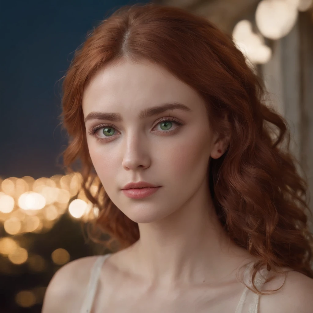 ((Masterpiece), best quality, HDR,UHD,8K), life-like realistic portrait of a beautiful sad girl with green eyes , curly red hair, white skin, feeling sadly with tears in her eyes, a black bracelet on her hand ,full body, standing on roof of a high apartment with a view of a big city, a light breeze, late at night ,dark sky, hyper resolution, extremely detailed , beautiful eyes