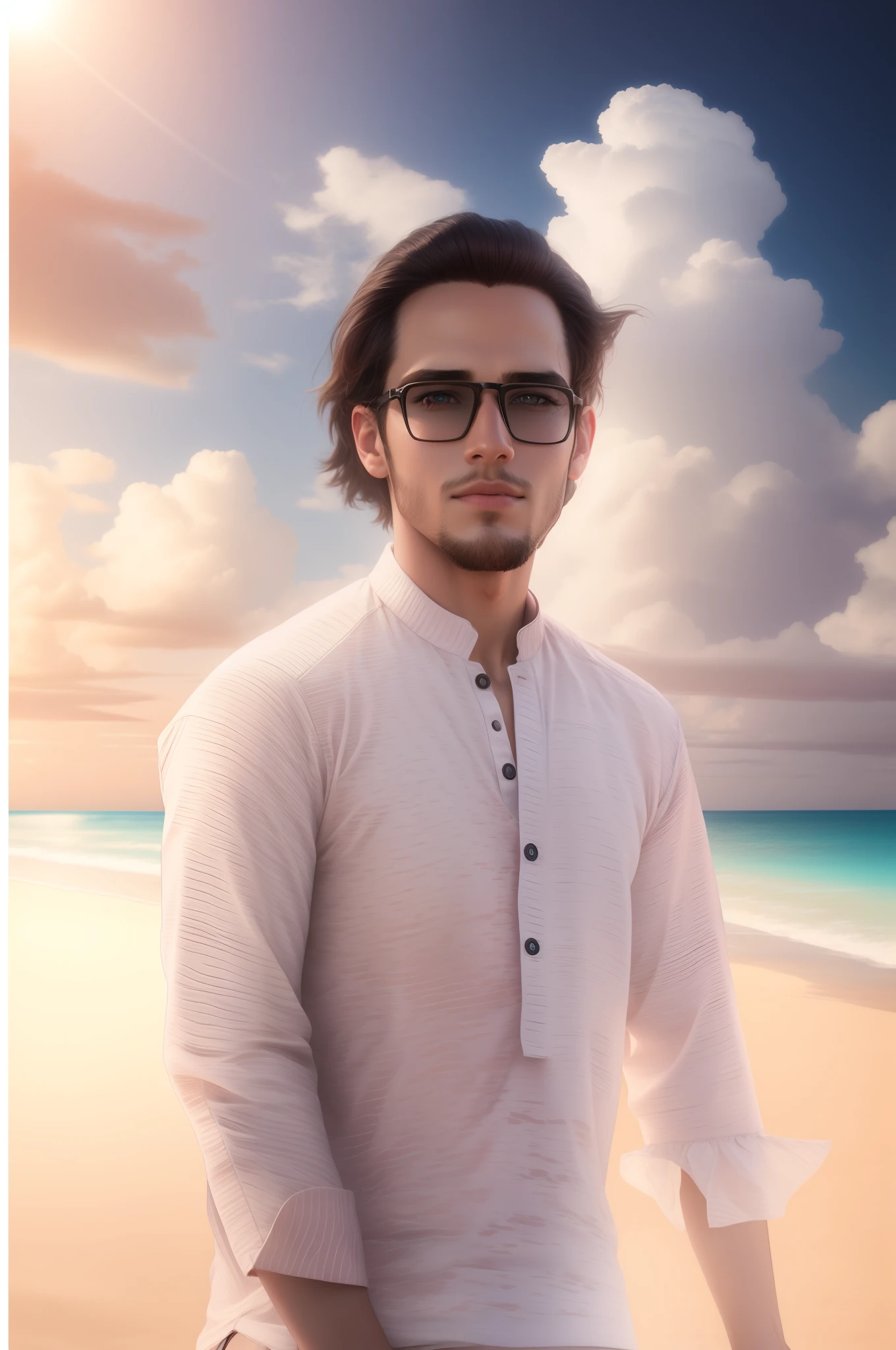 Change background handsome boy. Realistic face, 8k, ultra realistic, beach, arcade style,