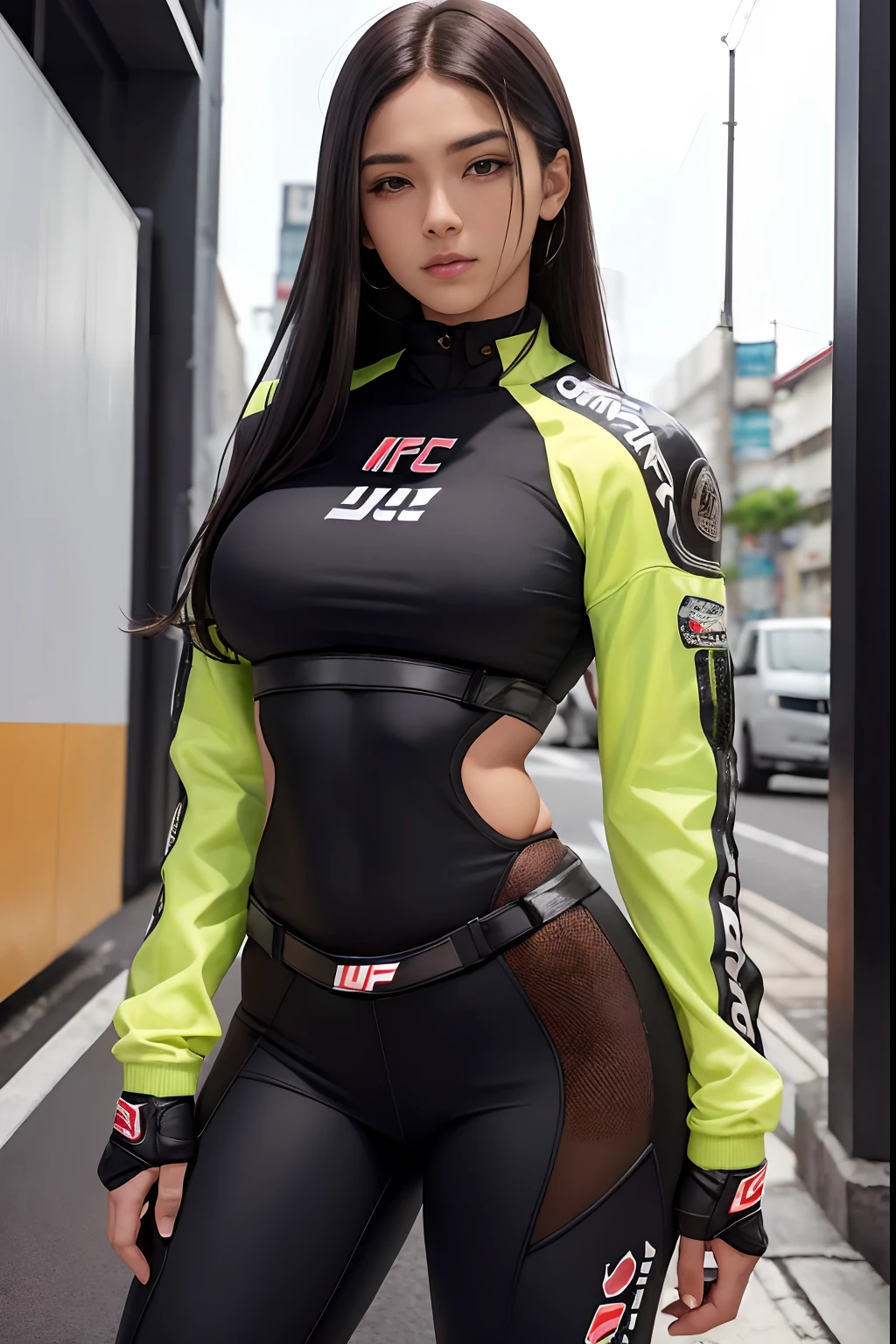 absurdres, foto RAW, mais alta qualidade, (obra-prima: 1.3), foto de cor RAW de alto detalhe, foto profissional, unidade de papel de parede CG 8k extremamente detalhada, foto-realista, realista, foto RAW, obra-prima, melhor qualidade, highres, illustration, 1girl, 18 ANOS, forte, Asian, japonesa, cabelo preto com mechas na frente, cabelo liso, medium length, Hairstyle Random, pernas fortes, rosto lindo perfeito, cardune lips, belos olhos realistas, pale skin, textura de pele detalhada, seios grandes e naturais, bunda pequena. corpo atletico, forte. Serious. Suada. Lutadora de MMA, lutadora de UFC. She looks amazing. (jaqueta de motocross laranja com detalhes verdes, roupa de motoqueiro, design detalhado), Streets of São Paulo.