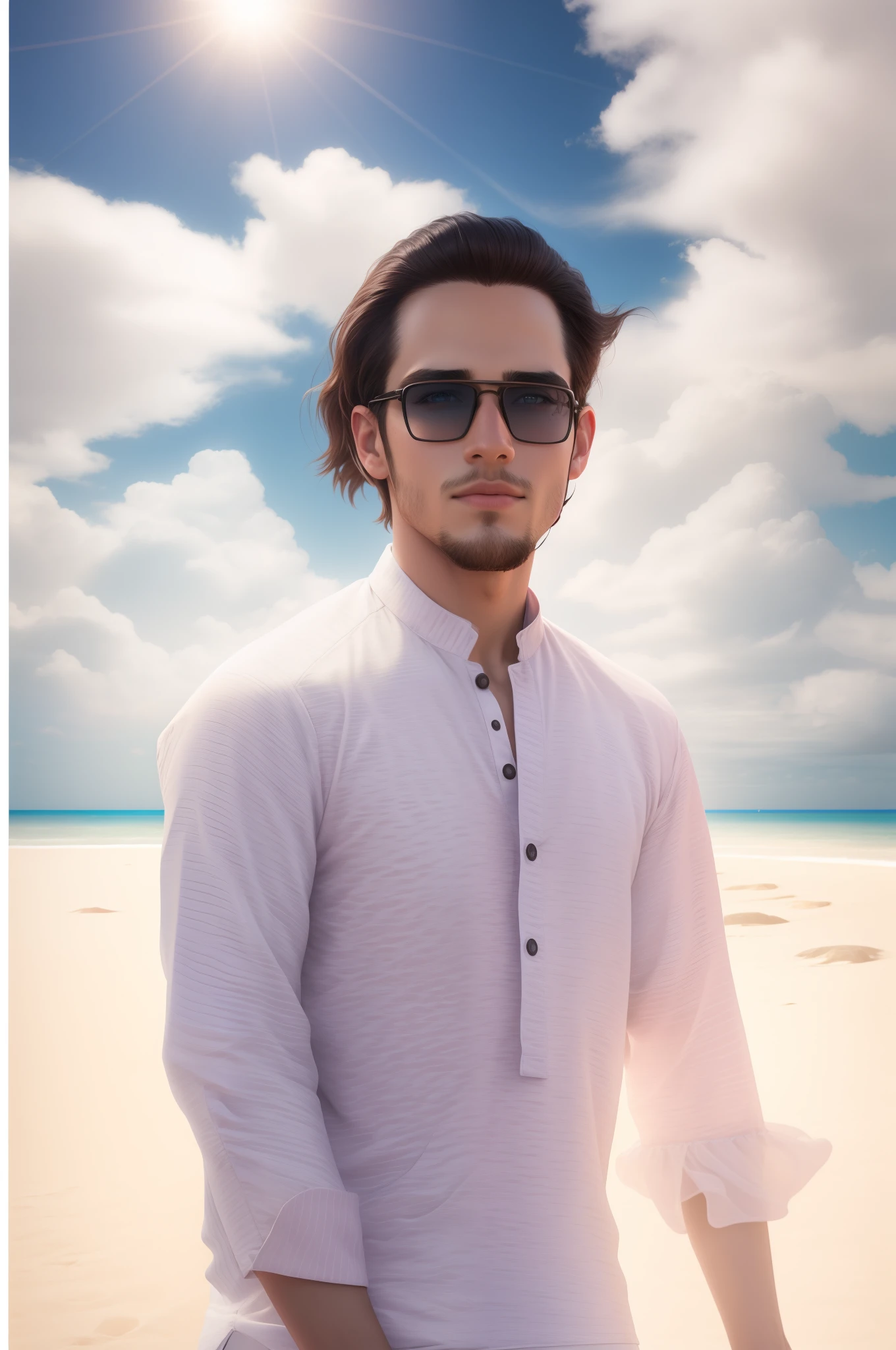 Change background handsome boy. Realistic face, 8k, ultra realistic, beach, arcade style,