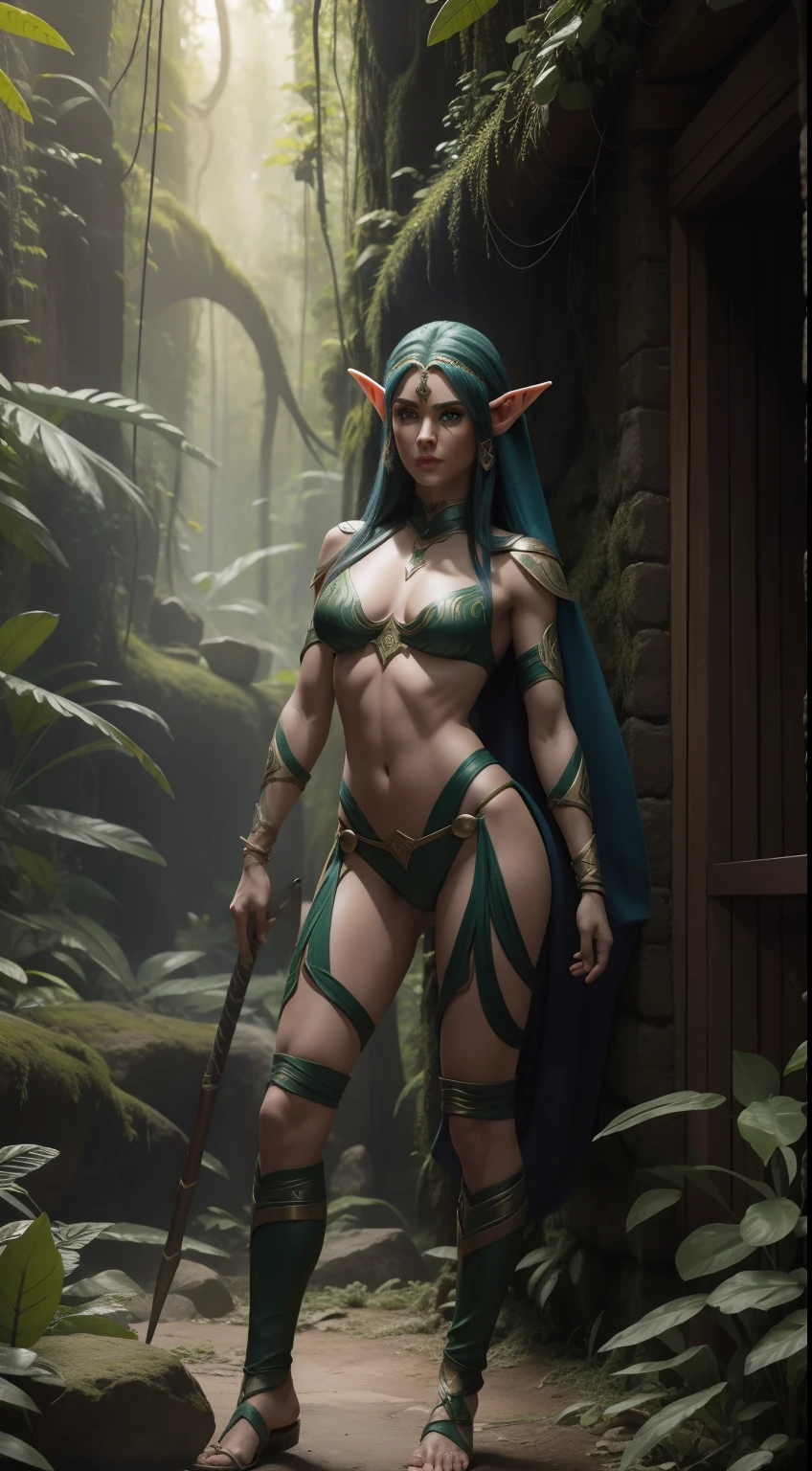 elf, cobra head, elf body, amazon, javelin ancient jungle, masterpiece, 8k full body, realistic, ultra high quality