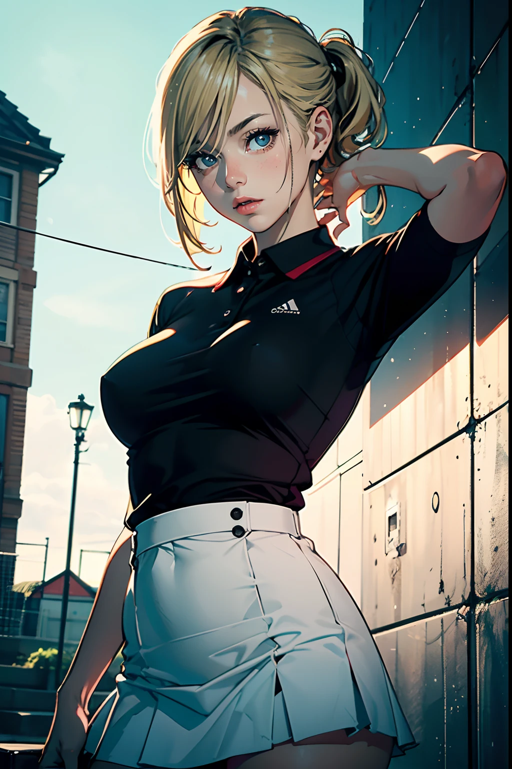 The photo was taken on a field, on a bright day. The girl on focus, She is facing the camera. She wears a tight polo shirt, for roleplay porpuses, revealing its curves, as well as a polo skirt, or a white skirt, or a white short skirt, or regular tennis wear. The outfit is very tight around her waistline, and her shouldes are bare. Her hair is blonde and short, with colored streaks, or blonde multicolored hair. She is touching her hair, and playing with it, or maybe not. The lighting in the photo is impressive. The girl is illuminated from the front. The rest of the photo is in dim light, with a very complicated background. This creates a sense of mystery and intrigue. The face is very realistic, and she is very detailed as well, she is appealing to look at. The general mood of the photo is sensual and alluring. The girl is the center of attention of the photo, And its beauty is undeniable. The beautiful setting and dramatic lighting create a sense of danger and excitement. This photograph is a perfect example of professional cinematic photography. It is well lit, well-proportioned, And the theme is absolutely amazing. It is sure to attract the attention of anyone, Who will see it. You could put a ornaments in her hair. Whatever, As a result, the photo will be composed?, It is sure to be a stunning and memorable image.