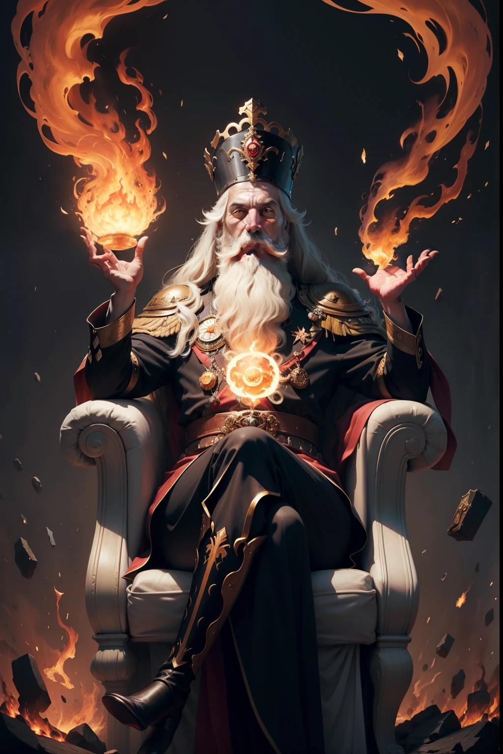 Giuseppe Cagliostro, The Supreme Hierarch of Being, I appeal to the disembodied forces, To the Great Mysteries of Fire, Water & Land, I surrender to their power and conjure them to transfer my incorporeal substance from the present to the future, so that I can see the faces of posterity, living for many years to come, a painting of a man with a long beard sitting on a throne, the god emperor of mankind, god emperor, lord from hell on the throne, the king of hell, the fire king, the god hades, king of hell, holy flame spell, holy flame crown spell, god emperor biden, portrait of emperor of mankind, the god of chaos