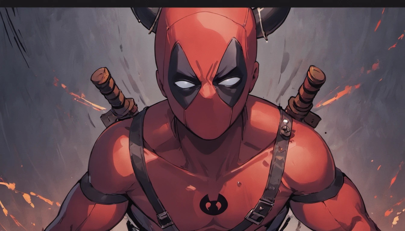 "Deadpool Viking , Sorriso esquerdo, blood tears, sombrio, qualidade excepcional, multiple facial scars, armadura viking das trevas, Gothic style." escala de cinza