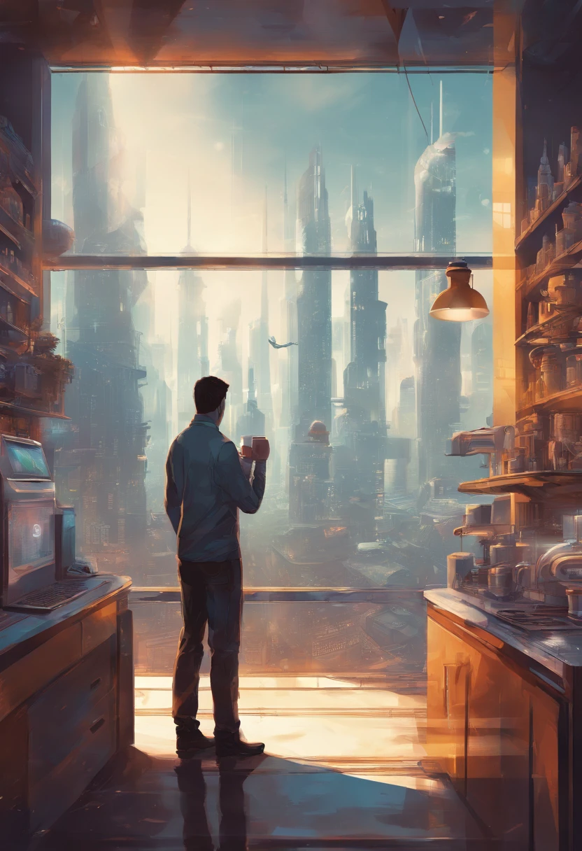 brewing coffee, Man looking out of the glass of a room a CITY in 2045 FOG, zoom out, Space ship, new world, color grading, Espresso machine on the table, imaginary