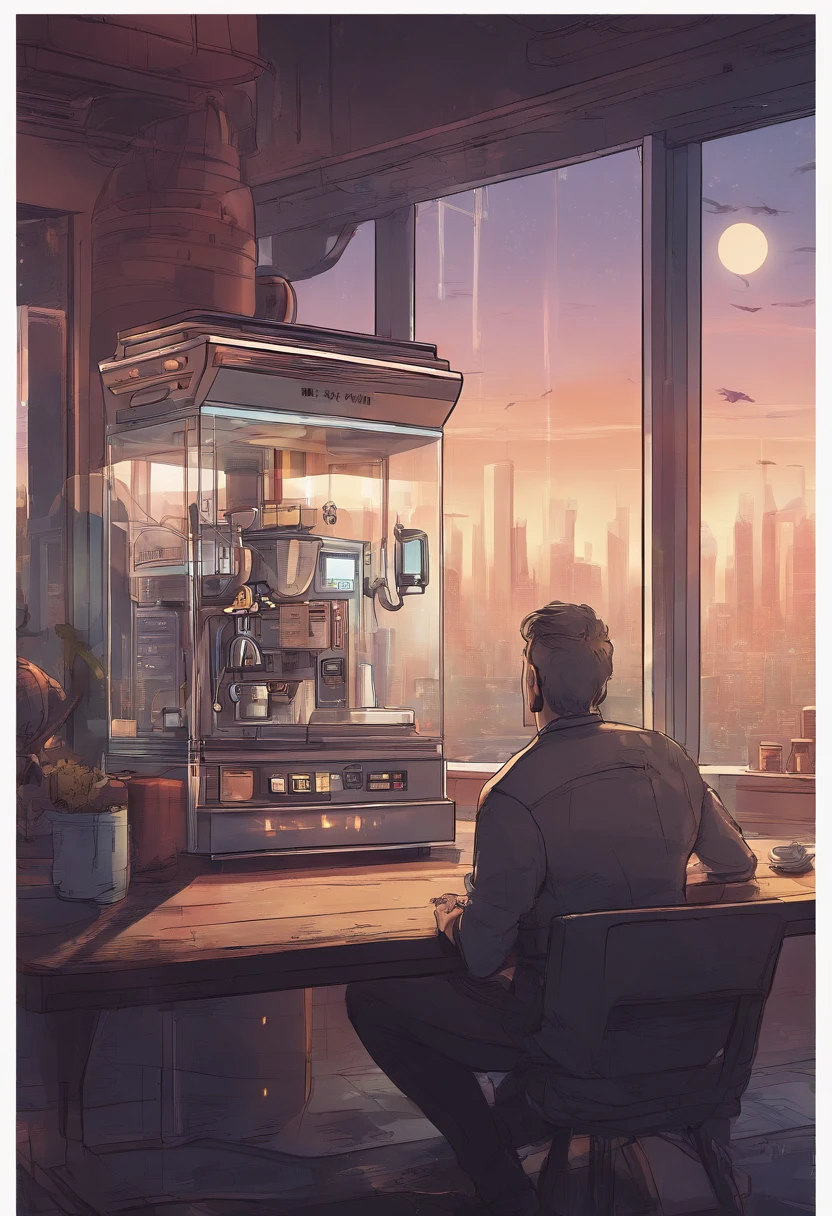 brewing coffee, Man looking out of the glass of a room a CITY in 2045 FOG, zoom out, Space ship, new world, color grading, Espresso machine on the table, imaginary