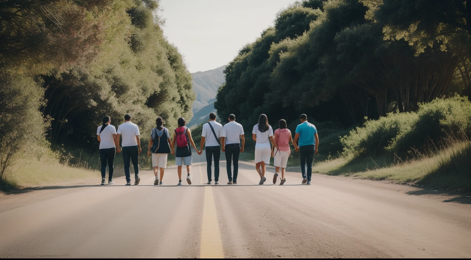 An image of a group of people supporting each other and walking together down a difficult path, com a frase: "with faith and courage, venceremos juntos".