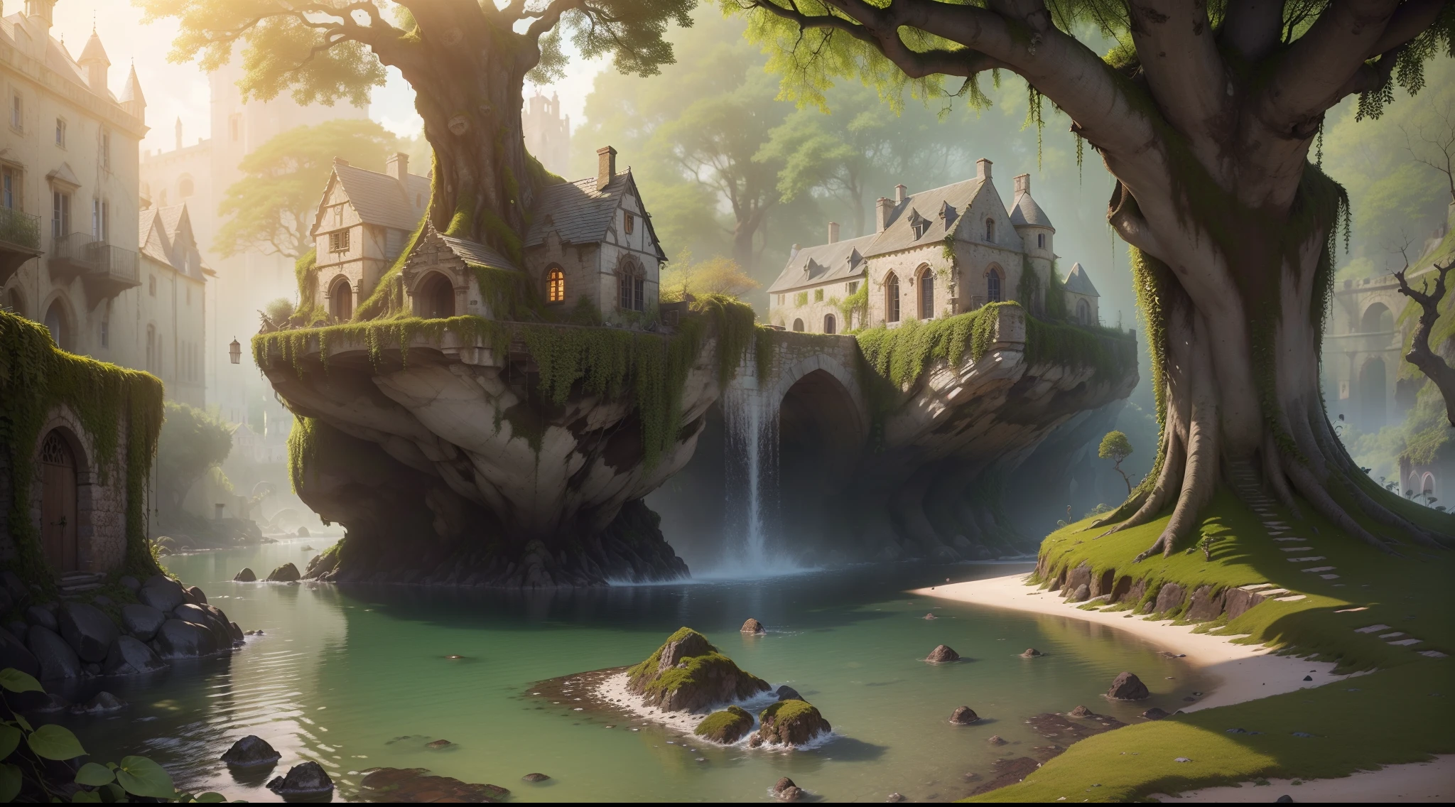(Numerous award-winning masterpieces, with incredible detail, textures and maximum detail), (hyper realistic:1.4), (realistic:1.3), (best quality real texture skin), (see-through:1.4), (Ruined medieval European stone city), (Stone town covered with moss and ivy), (A stone town that is returning to nature), (Eroded by clear water), (Tree roots crawling on stone walls),