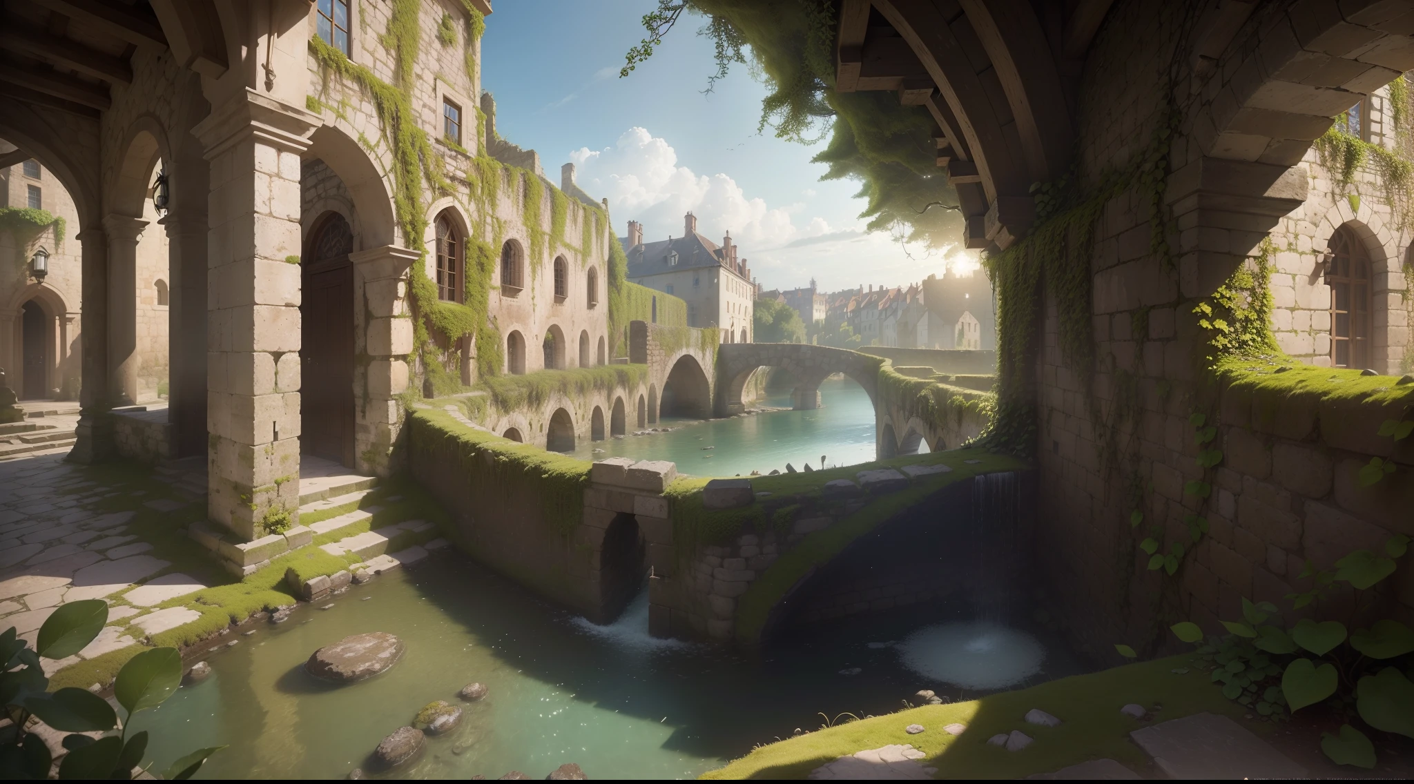 (Numerous award-winning masterpieces, with incredible detail, textures and maximum detail), (hyper realistic:1.4), (realistic:1.3), (best quality real texture skin), (see-through:1.4), (Ruined medieval European stone city), (Stone town covered with moss and ivy), (A stone town that is returning to nature), (Eroded by clear water), (Tree roots crawling on stone walls),