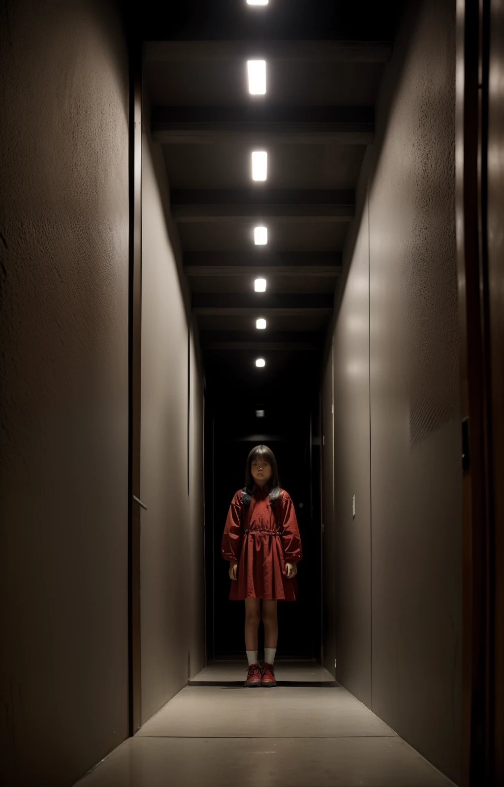 Nostalgic but disturbing photos、Images in a dream、inquieto、En lo profundo de la noche、Noche、((Escuela Nocturna、Dentro del edificio de la escuela、Una chica en el pasillo、A girl is standing、Zapatos rojos))、casi sin luz、turbio、Particle、foto granulada、Film Touch、horror、terrifying、wide angles、Lente gran angular、