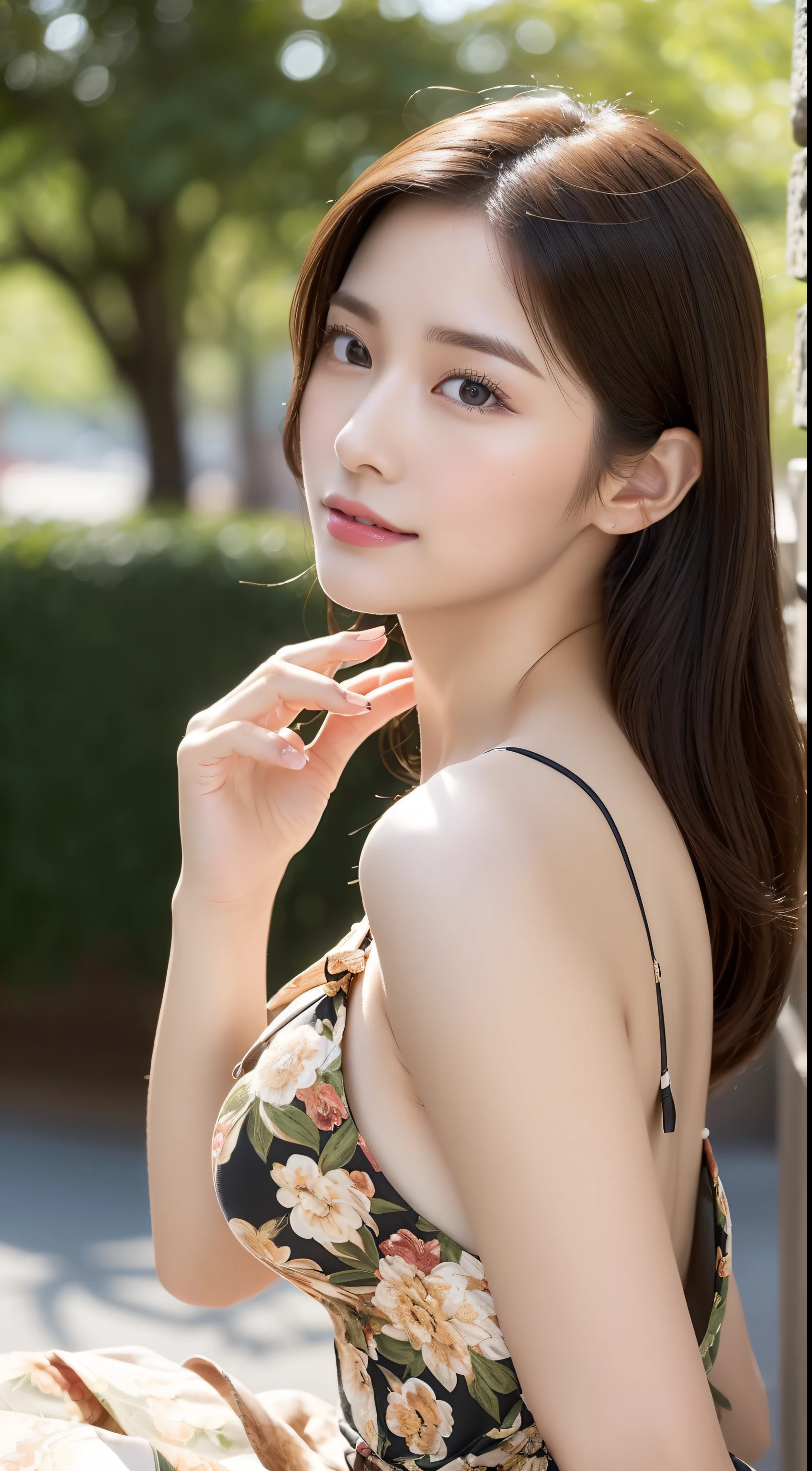 (((8Very high resolution in K, high detailing, highly accurate, masutepiece,1girl with))),Photography & realistic atmosphere,shinny skin,Beautiful skin,fine-grained white skin,Detailed face,Detailed eyes、Very beautiful eyes with azure eyes,Detailed lips、Very beautiful face,Very well-formed face、Lifelike face,shiny beautiful lips,Beautiful eyebrows,、,The best natural makeup for professional models,Japan idle,韓国アイドル,Very beautiful woman,Very beautiful girl,(Colossal tits,very shapely breasts、Very beautiful toned body from head to foot,thighs protruding from the dress,,,Sitting with legs spread wide,Exclusive and elegant ornaments,a necklace,Bracelets, the ring, piercings,Black lingerie shows through),Adornments designed to the smallest detail,(Japan 17-year-old high school girls,Very beautiful dress with a wide open back,,Summer Fashion,Shot in the middle of the back,Very beautiful Japan schoolgirl,17 age,See-through colorful shoulder dress,Wearing beautiful sandals,Floral Short Shoulder Dress,Beautiful shortcuts in brown color,Eyes are moisturized,Gentle smile),watching at viewers,Beautiful gesture,Beautiful immature body, Innocence,((photorealisim,Turn the camera from top to bottom)),Reality Live Action,nailart,(Beautiful butt,beauty legs,,camel's foot,Backshots,Turned,The back is visible),超A high resolution、The face of a masterpiece with high detail,Natural and realistic face,and soft natural lighting,back lighting