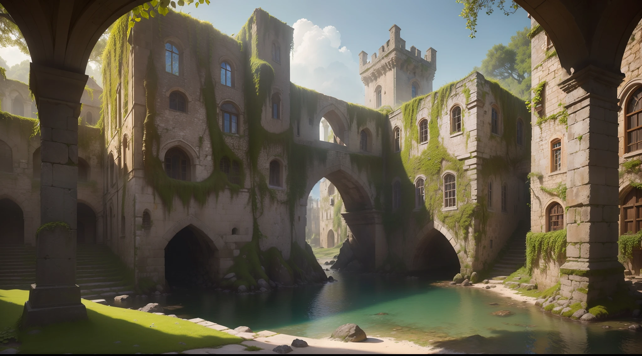 (Numerous award-winning masterpieces, with incredible detail, textures and maximum detail), (hyper realistic:1.4), (realistic:1.3), (best quality real texture skin), (see-through:1.4), (Ruined medieval European stone city), (Stone town covered with moss and ivy), (A stone town that is returning to nature), (Eroded by clear water), (Tree roots crawling on stone walls),
