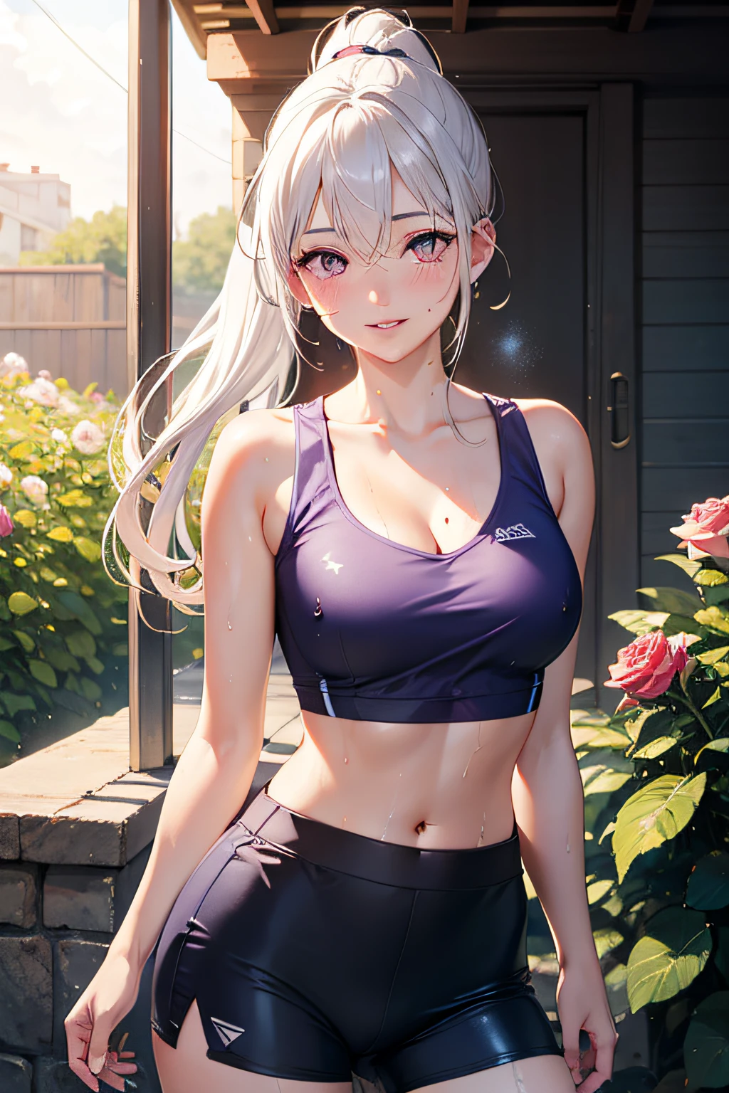 realistic, 1girl, ponytail, parted lips, blush, makeup, light smile, white hair, sportswear, skirt, wet clothes, glow, thighs, purple eye, bare shoulders, collarbone, narrow waist, sunbeam, sunlight, rose, wind, cleavage, (masterpiece), sweat,