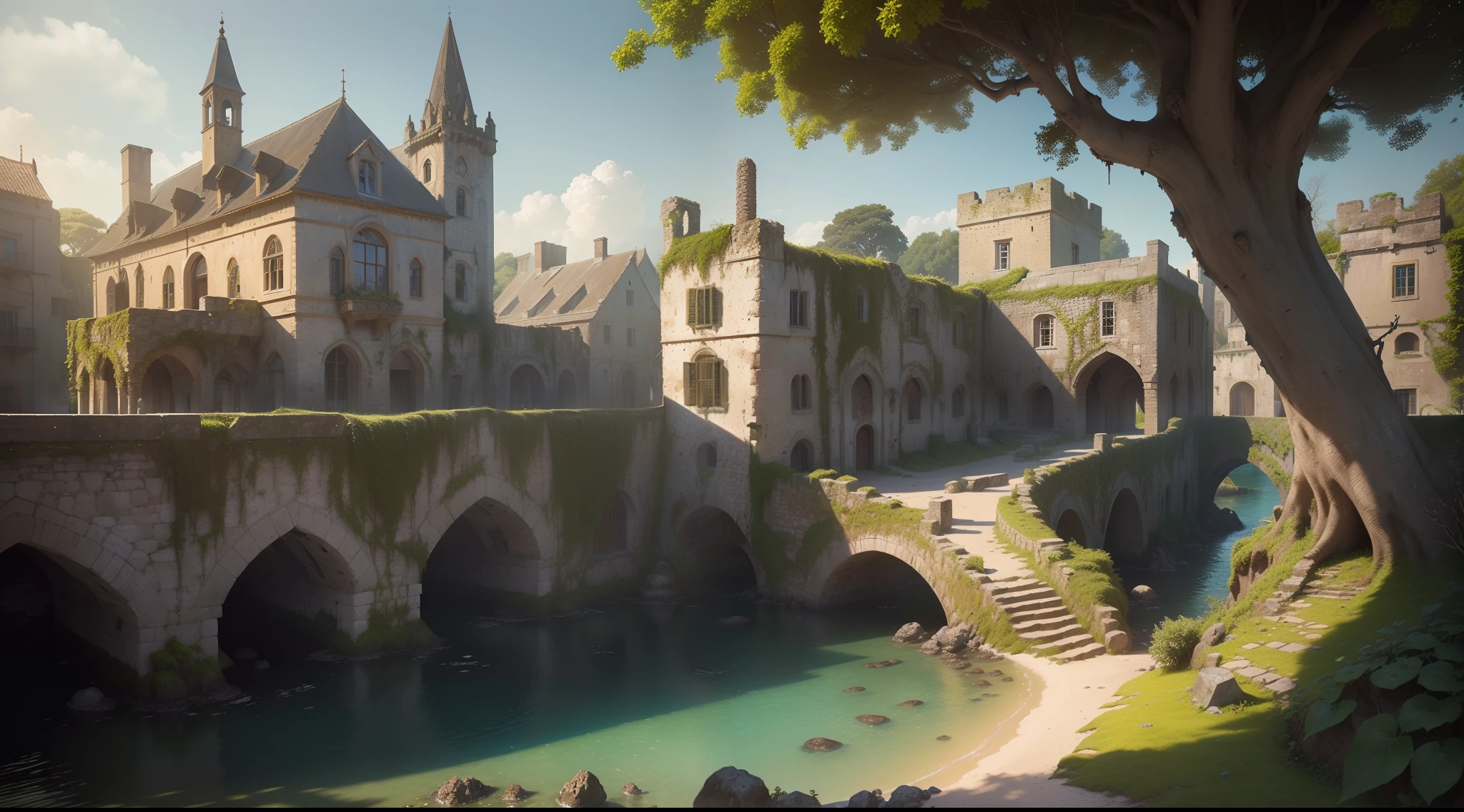 (Numerous award-winning masterpieces, with incredible detail, textures and maximum detail), (hyper realistic:1.4), (realistic:1.3), (best quality real texture skin), (see-through:1.4), (Ruined medieval European stone city), (Stone town covered with moss and ivy), (A stone town that is returning to nature), (Eroded by clear water), (Tree roots crawling on stone walls),