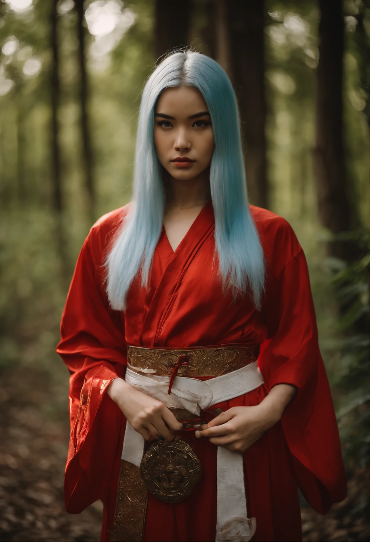 Young woman 18-years old, straight light blue hair, (free long hair) , dressed as a shaolin monk, (red and white dress), forest background, masterpiece, hyperdetailed, belt with big round buckle, bandages in the hands,