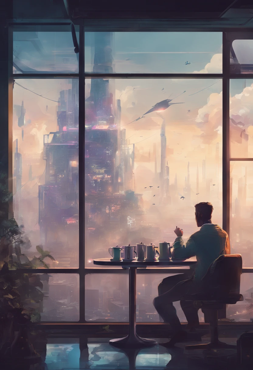 brewing coffee, Man looking out of the glass of a room a CITY in 2045 FOG, zoom out, Space ship, new world, color grading, Espresso machine on the table, imaginary