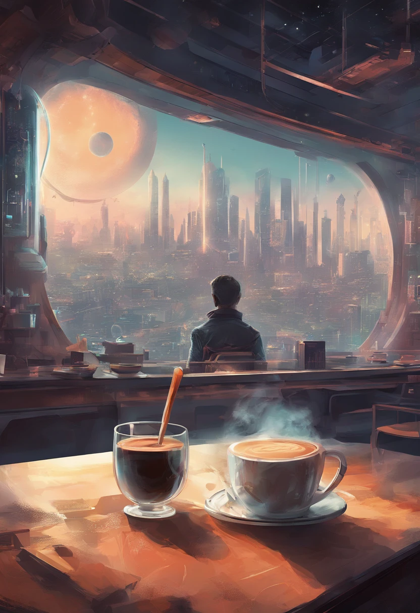 brewing coffee, Man looking out of the glass of a room a CITY in 2045 FOG, zoom out, Space ship, new world, color grading, Espresso machine on the table, imaginary