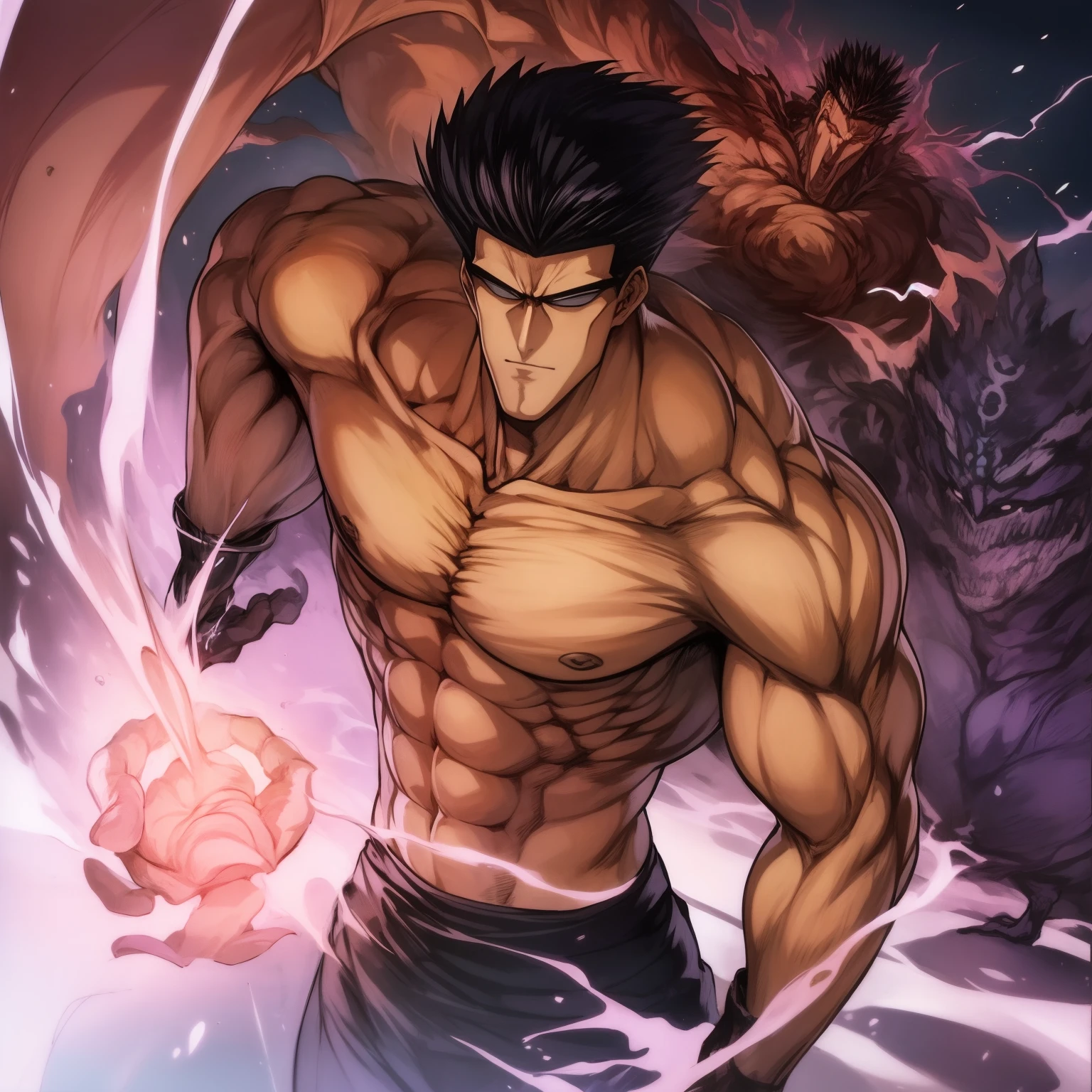 persongem Toguro do anime Yu Yu Hakusho malhando pesado, Bodybuilding gym, incredible details, sombras perfeitas, Estilo anime, perfect hands, rosto perfeito.