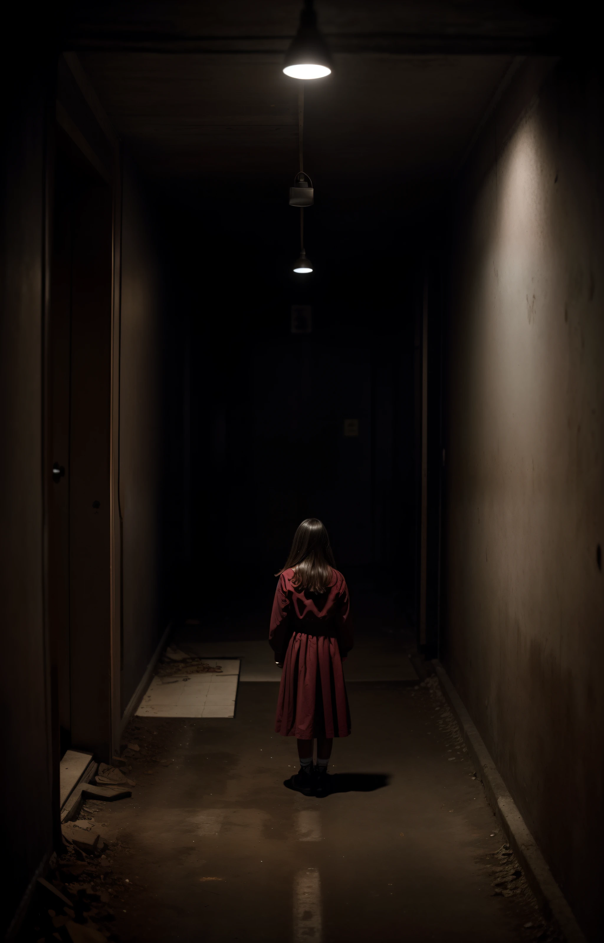 Nostalgic but disturbing photos、Images in a dream、inquieto、En lo profundo de la noche、Noche、((Escuela Nocturna、Dentro del edificio de la escuela、Una chica en el pasillo、A girl is standing、Zapatos rojos))、casi sin luz、turbio、Particle、foto granulada、Film Touch、horror、terrifying、wide angles、Lente gran angular、