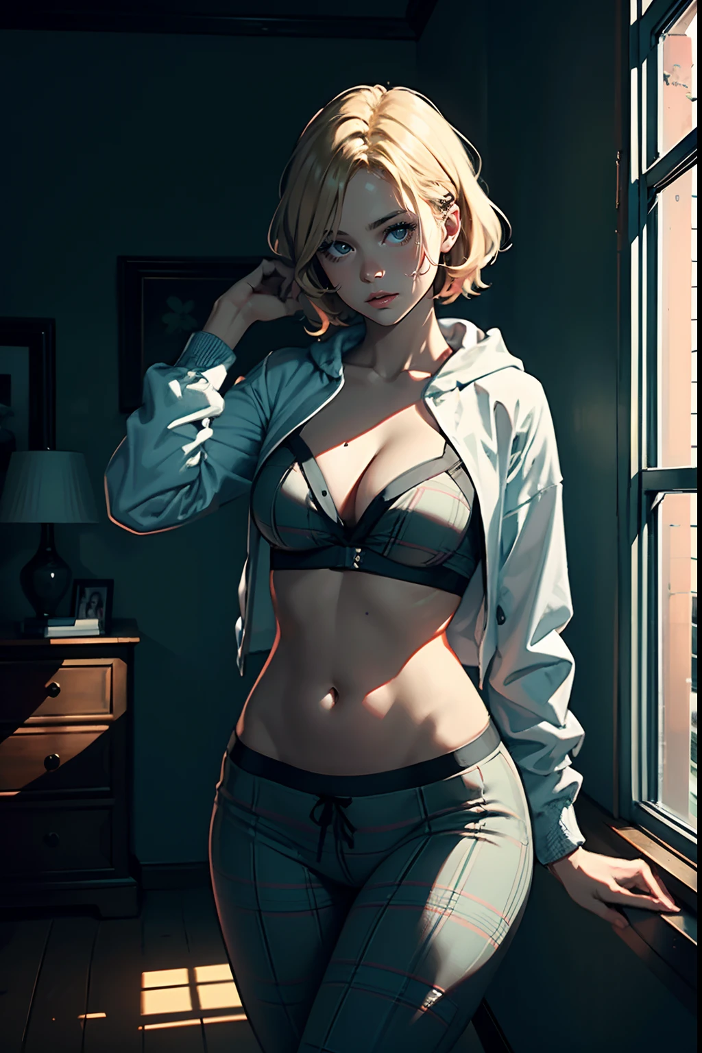 The photo was taken in the bedroom of the house. The girl on focus, She is facing the camera. She wears a hoodie, for roleplay porpuses, revealing its curves, and some pajama pants, or plaid pants, or very oversized pants for sleeping. The outfit is very tight around her waistline, and her shouldes are bare. Her hair is blonde and short, with colored streaks, or blonde multicolored hair. She is touching her hair, and playing with it, or maybe not. The lighting in the photo is impressive. The girl is illuminated from the front. The rest of the photo is in dim light, with a very complicated background. This creates a sense of mystery and intrigue. The face is very realistic, and she is very detailed as well, she is appealing to look at. The general mood of the photo is sensual and alluring. All the colors are incredibly vibrant and clear. The girl is the center of attention of the photo, And its beauty is undeniable. The beautiful setting and dramatic lighting create a sense of danger and excitement. This photograph is a perfect example of professional cinematic photography. It is well lit, well-proportioned, And the theme is absolutely amazing. It is sure to attract the attention of anyone, Who will see it. You could put a ornaments in her hair. Whatever, As a result, the photo will be composed?, It is sure to be a stunning and memorable image.